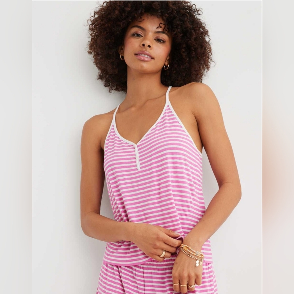 Aerie NEW Pajama Henley Tank Top Pink & White Stripes Racerback Size Large